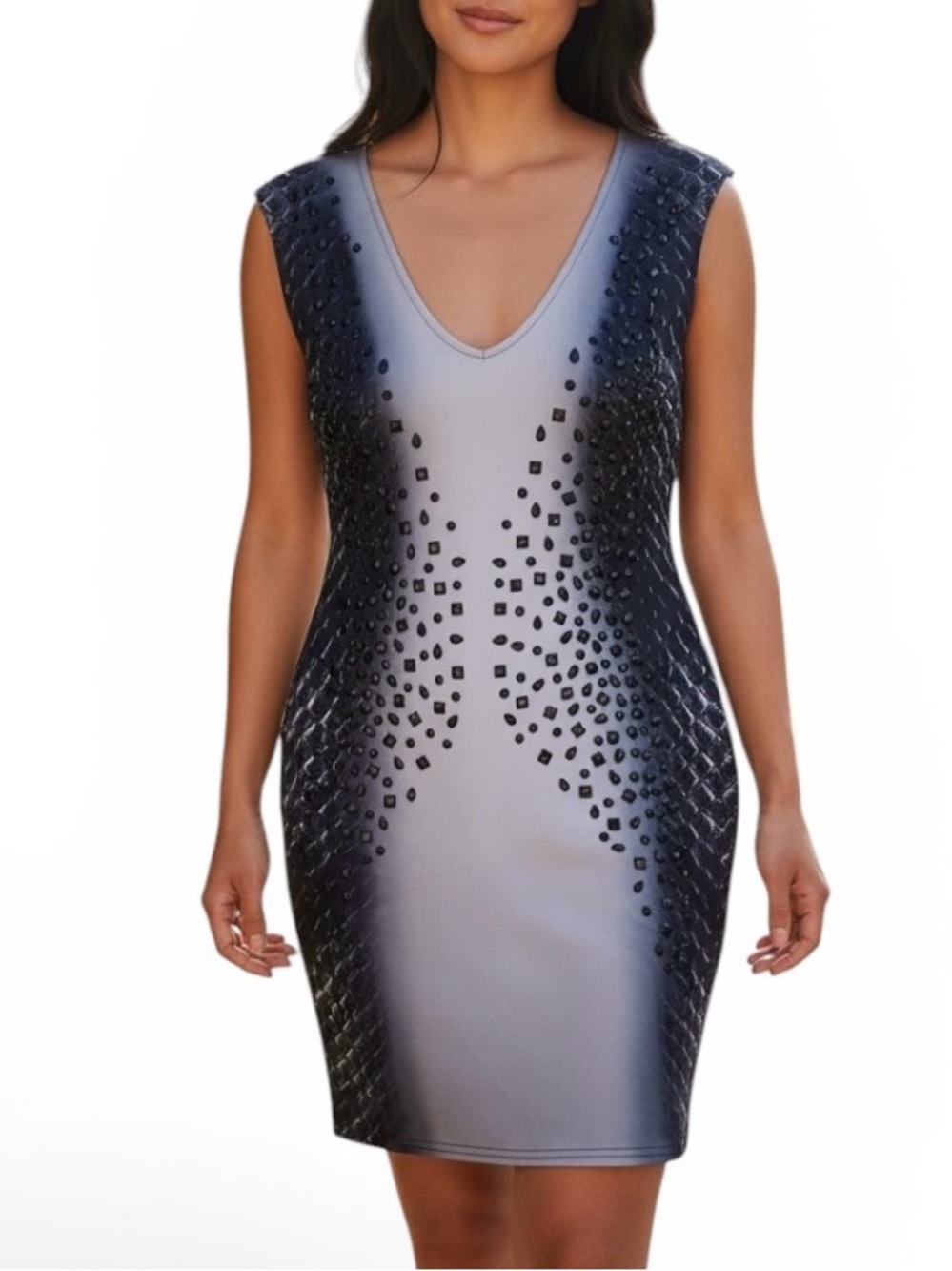 Venus Ombre Snake Print Studded Bodycon Dress V-Neck Grey Black Size 10